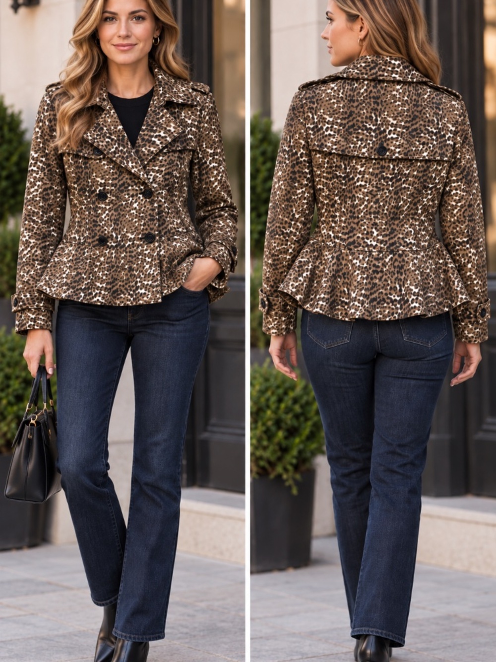 Banana Republic double breasted cropped trench coat S animal print peplum waist